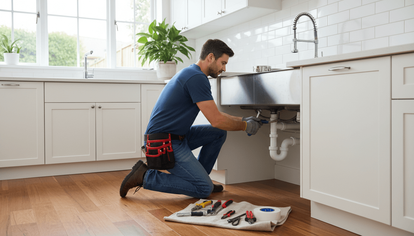 Handyman working on sink pipe under kitchen counter in clean bright home