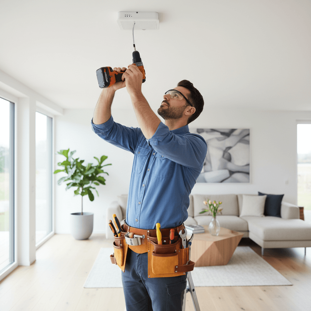 Professional handyman with tool belt fixing a light fixture in bright modern home interior